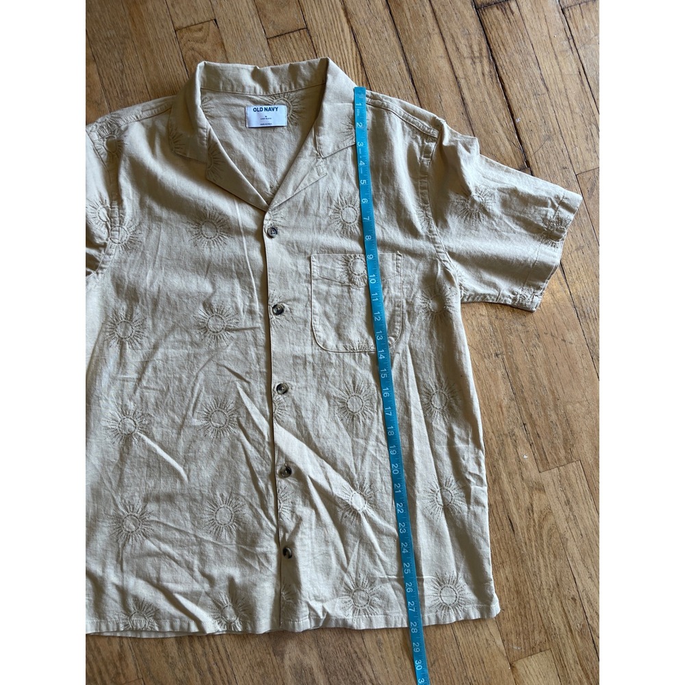 Old Navy Mens Sun Embroidered Camp Collar Shirt British Khaki Linen Blend M - Picture 5 of 8